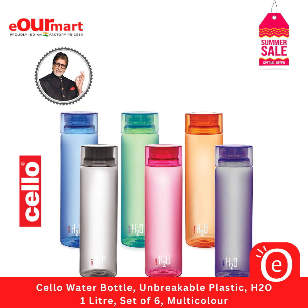 Cello Water Bottle, Unbreakable Plastic, H2O, 1 Litre, Set of 6, Multicolour