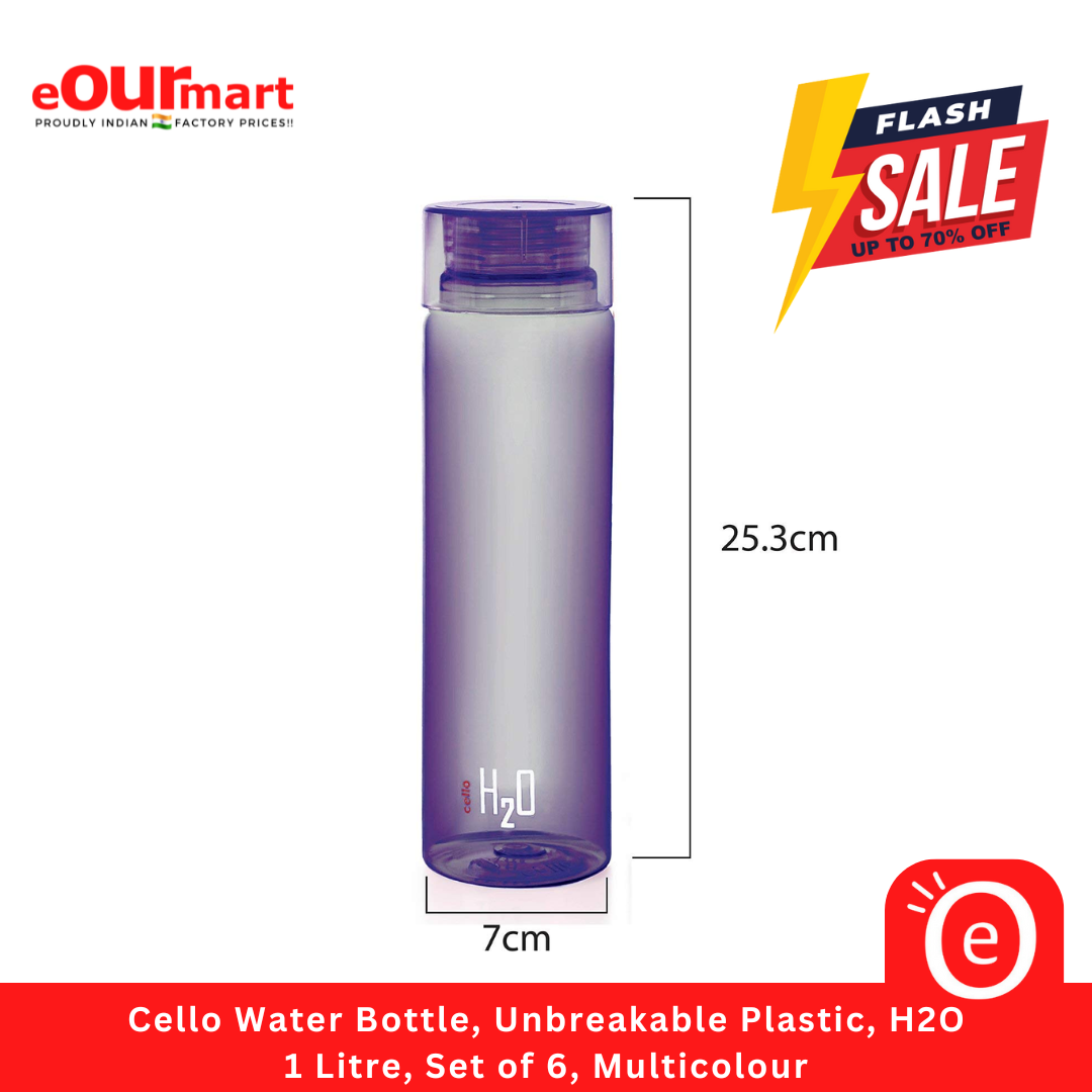 Cello Water Bottle, Unbreakable Plastic, H2O, 1 Litre, Set of 6, Multicolour