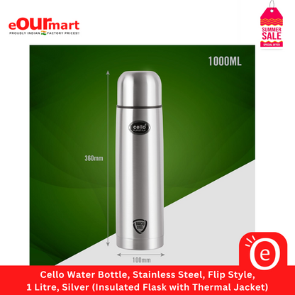 Cello Water Bottle, Stainless Steel, Flip Style, 1 Litre