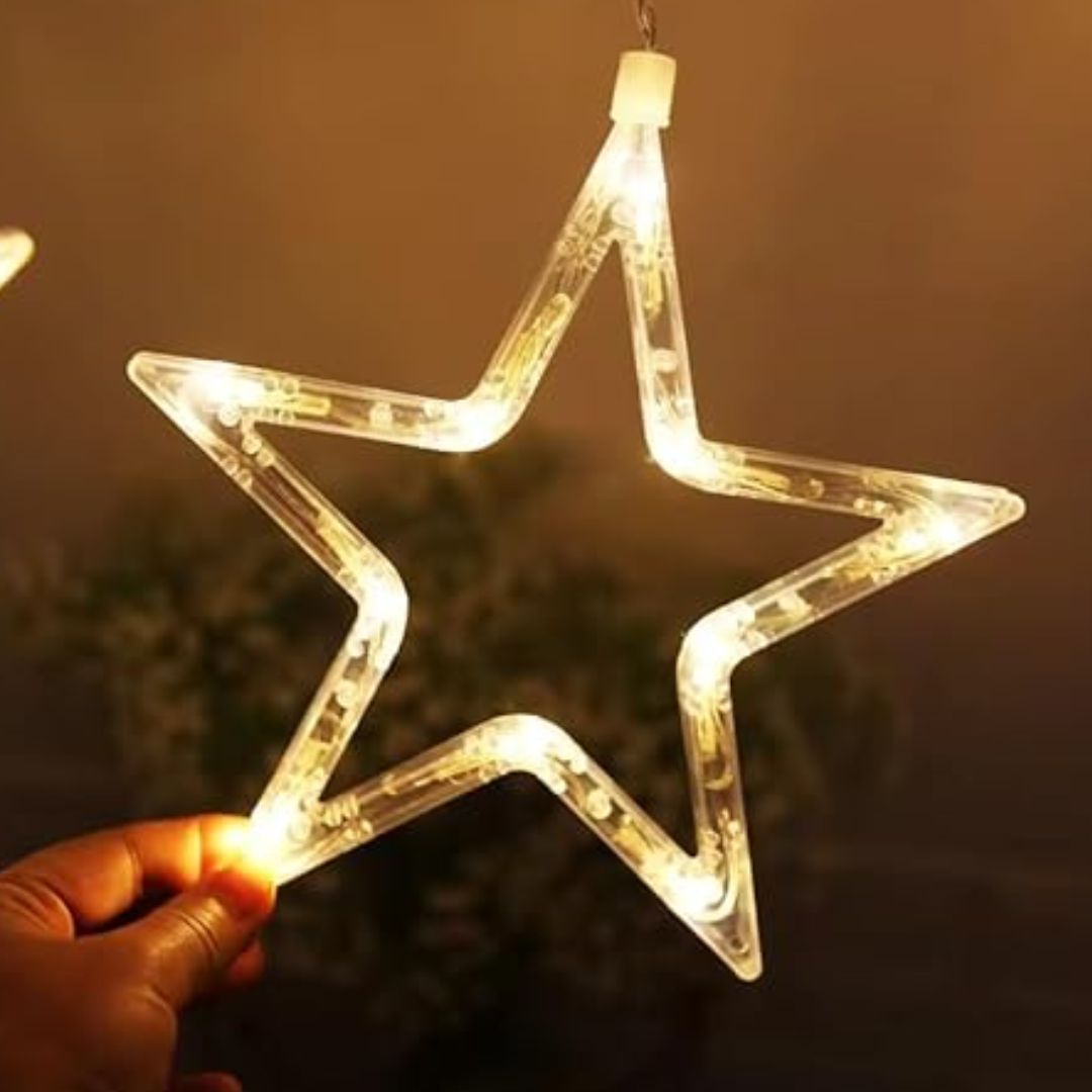 Diwali Star Curtain LED String Lights | Warm White 12 Stars Diwali Lights for Window, Wall, Garden, Diwali, Christmas, Wedding & Home Decoration (3 Meter)