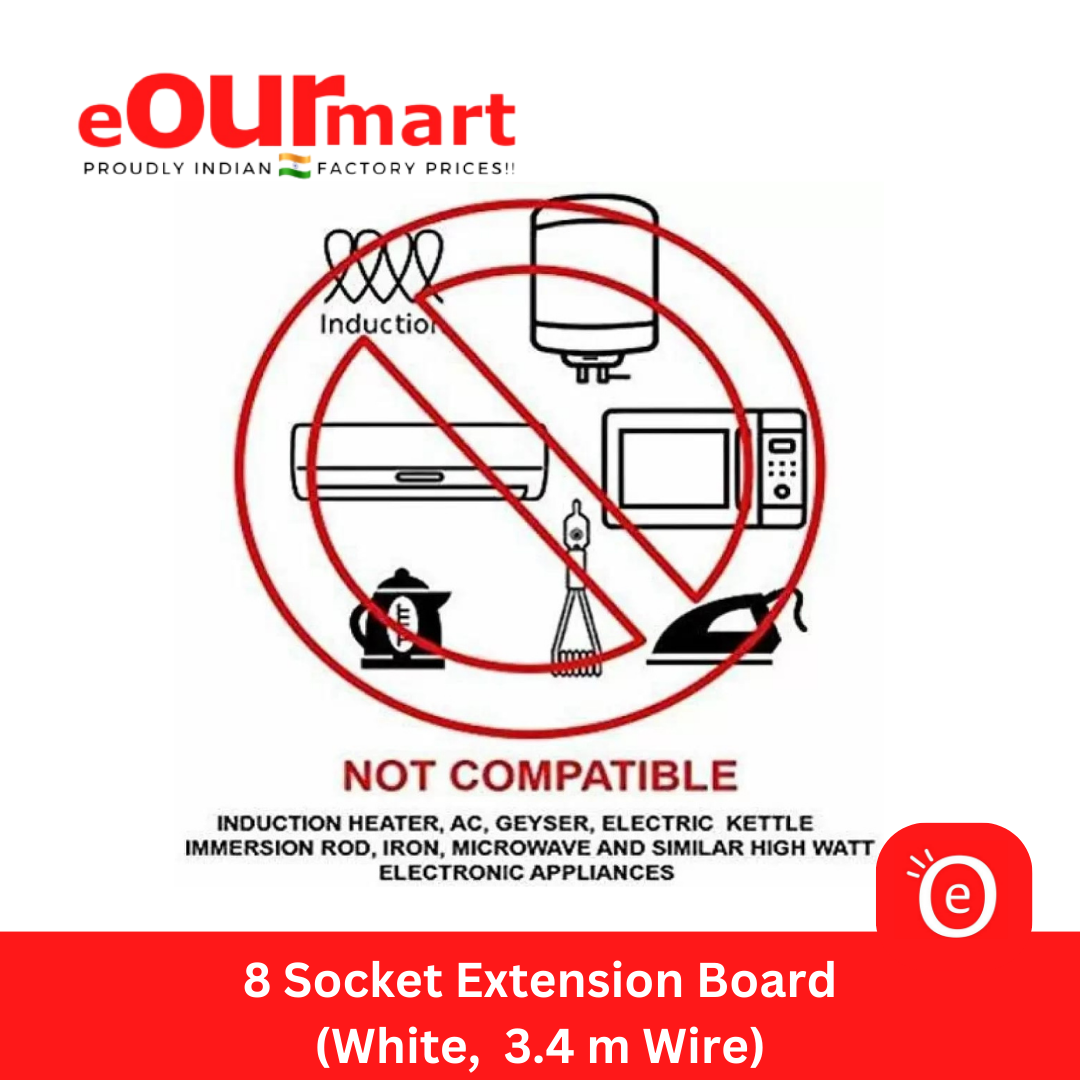 Plastic 8 Socket Extension Board 3.4 Mtr Cord with Indicator (White)