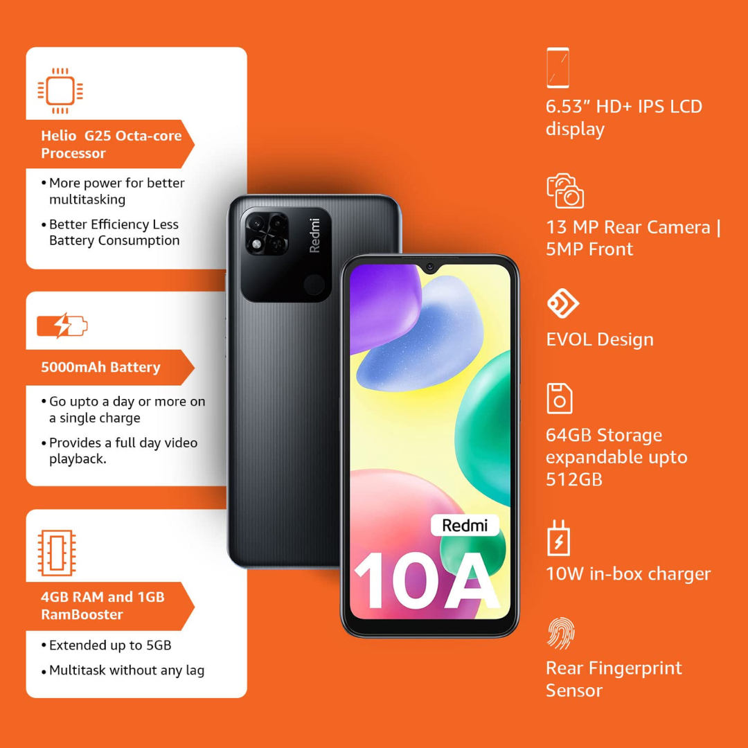 MI Redmi 10A Mobile Phone (Charcoal Black, 3GB RAM, 32GB Storage)