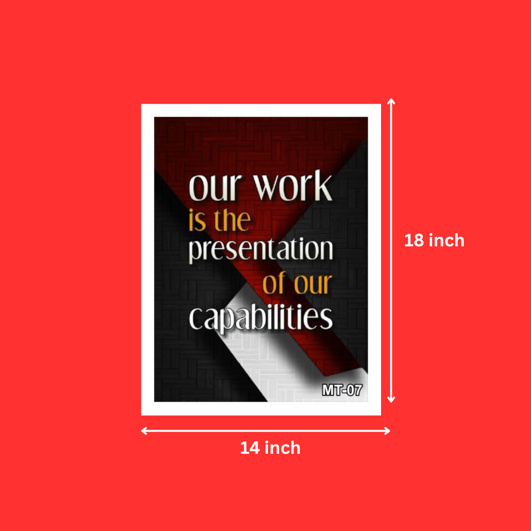 Motivational Quotes Our Work is the Presentation of Our Capabilities with White Frame | Hard work Quote Wall Posters for wall Decor (14X18 Inch, 1Pcs)