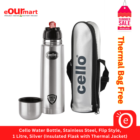Cello Water Bottle, Stainless Steel, Flip Style, 1 Litre