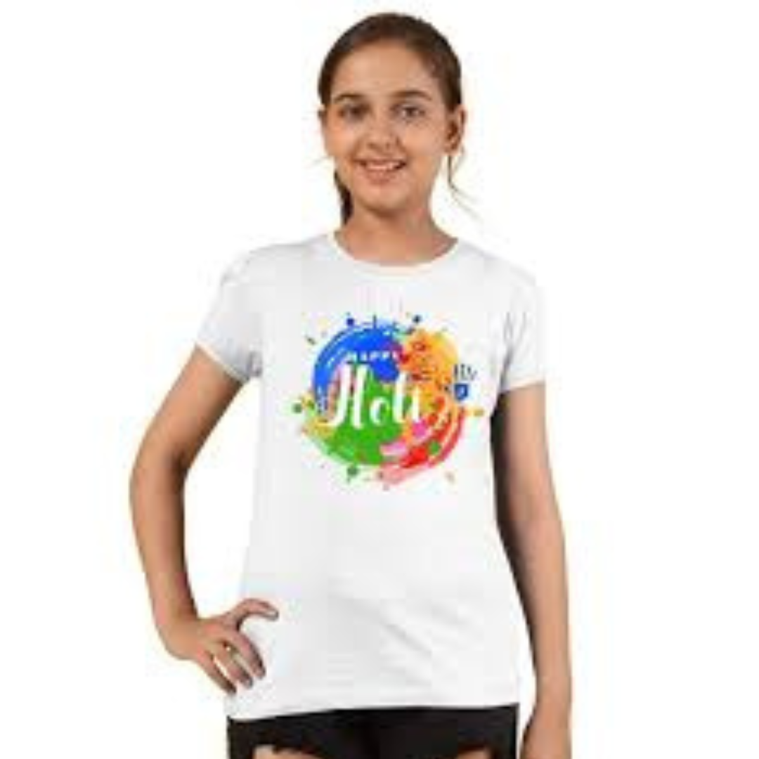 Holi T-Shirt For Kids | Colorful Holi  Tshirt | Round Neck Unisex | Age 8–12 Years | Small (Color & Design May Vary)