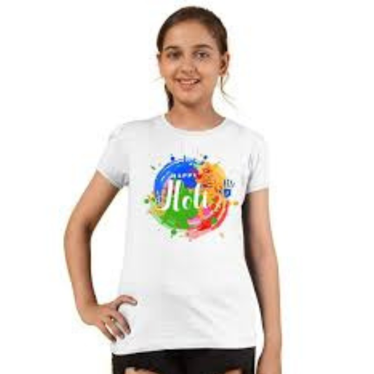 Holi T-Shirt For Kids | Colorful Holi  Tshirt | Round Neck Unisex | Age 8–12 Years | Small (Color & Design May Vary)
