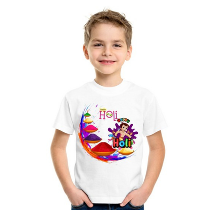 Holi T-Shirt For Kids | Colorful Holi  Tshirt | Round Neck Unisex | Age 8–12 Years | Small (Color & Design May Vary)
