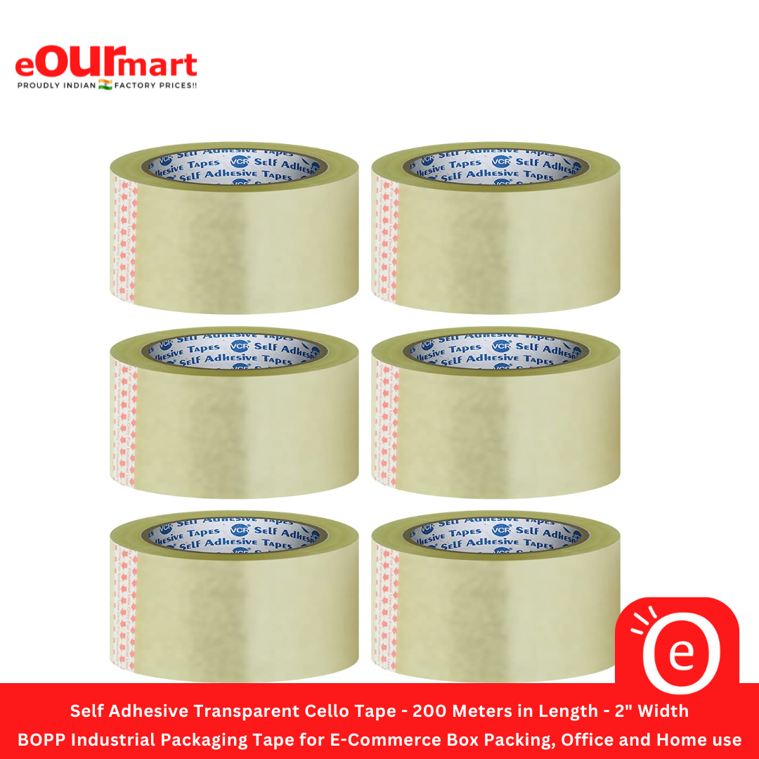 Self Adhesive Transparent Cello Tape - 200 Meters in Length - 2" Width | BOPP Industrial Packaging Tape for E-Commerce Box Packing, Office and Home use