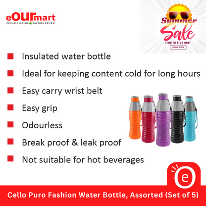 Cello Puro Fashion Water Bottle, Assorted (Set of 5)