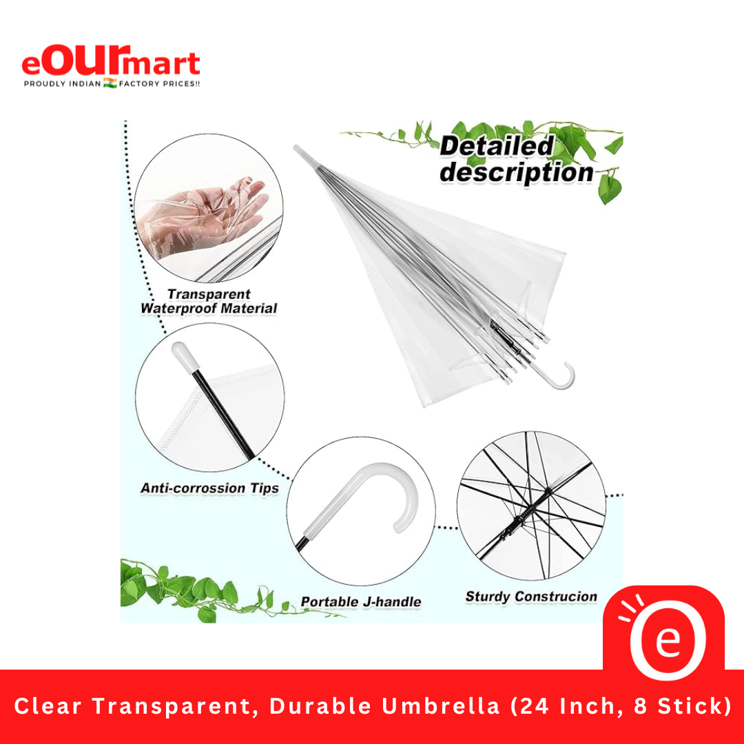 Clear Transparent, Durable Umbrella (24 Inch, 8 Stick)