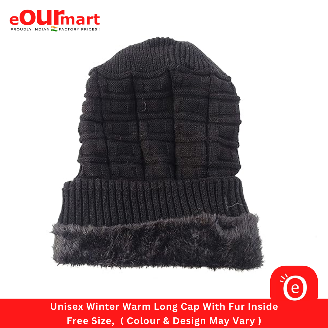 Unisex Winter Warm Long Cap With Fur Inside Free Size Colour Design May Vary
