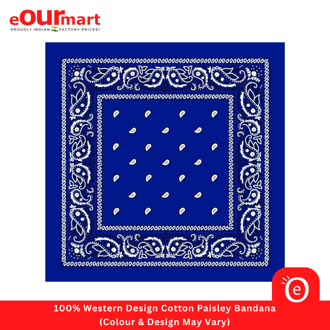 100% Western Design Cotton Paisley Bandana, Blue (Colour & Design May Vary)