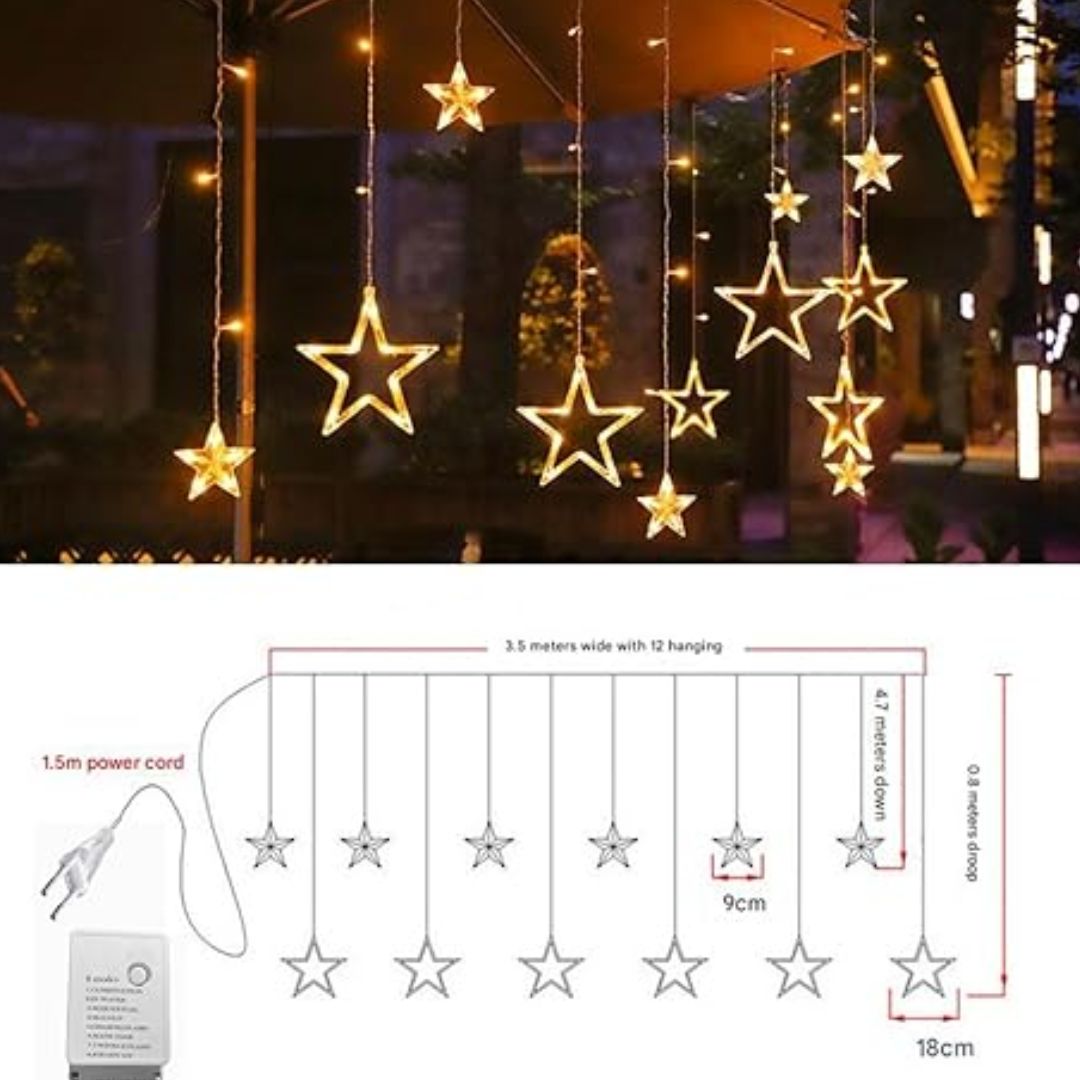 Diwali Star Curtain LED String Lights  | Warm White 12 Stars Diwali  Lights for Window, Wall, Garden, Diwali, Christmas, Wedding & Home Decoration (3 Meter)