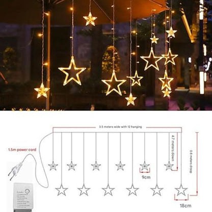 Diwali Star Curtain LED String Lights  | Warm White 12 Stars Diwali  Lights for Window, Wall, Garden, Diwali, Christmas, Wedding & Home Decoration (3 Meter)