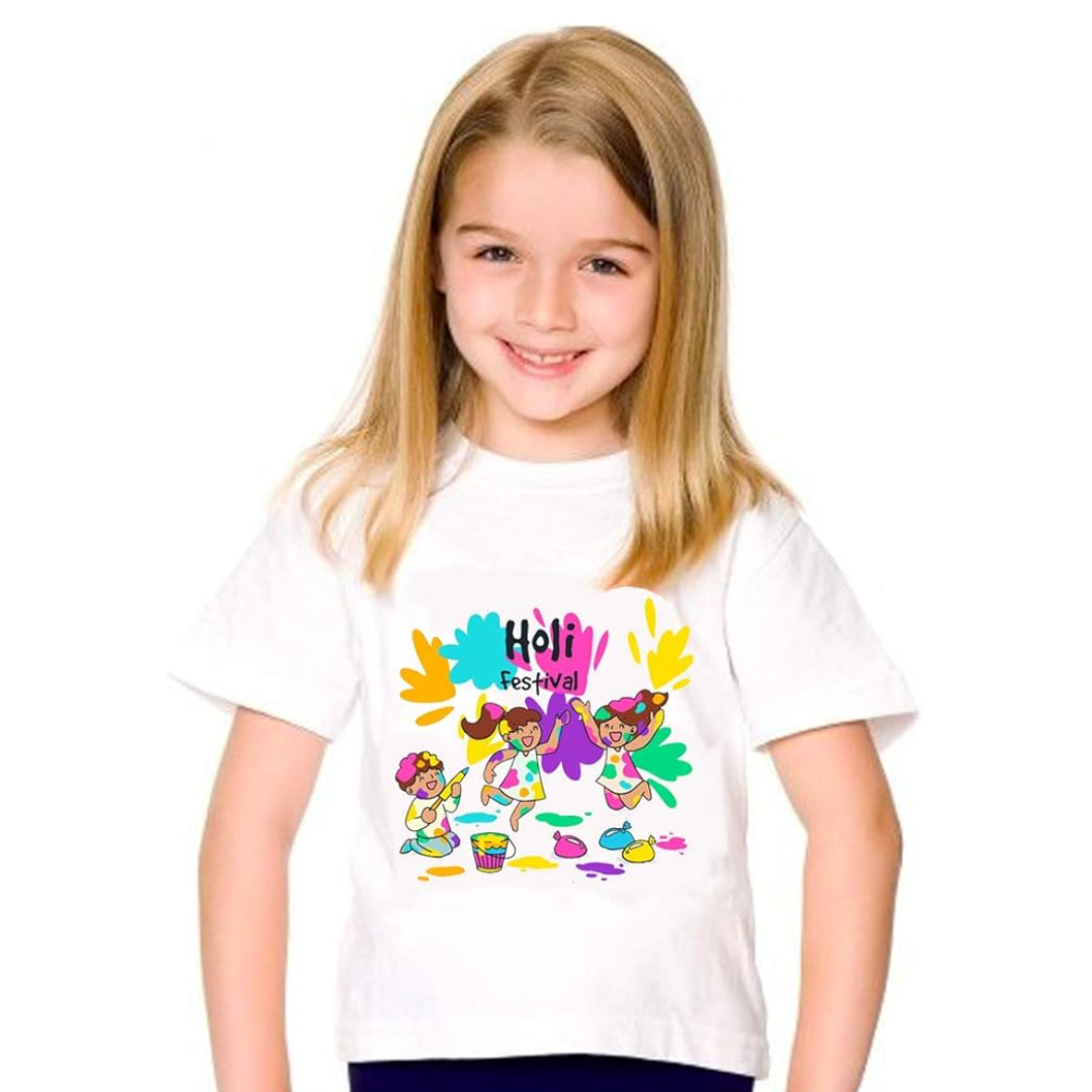 Holi T-Shirt For Kids | Colorful Holi  Tshirt | Round Neck Unisex | Age 8–12 Years | Small (Color & Design May Vary)