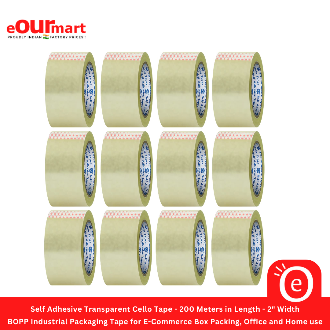 Self Adhesive Transparent Cello Tape - 200 Meters in Length - 2" Width | BOPP Industrial Packaging Tape for E-Commerce Box Packing, Office and Home use