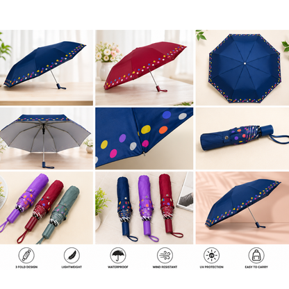 Buy Online Umbrella 3 Fold, Auto Open Dot Border @199.90/- Factory Price , All India Delivery
