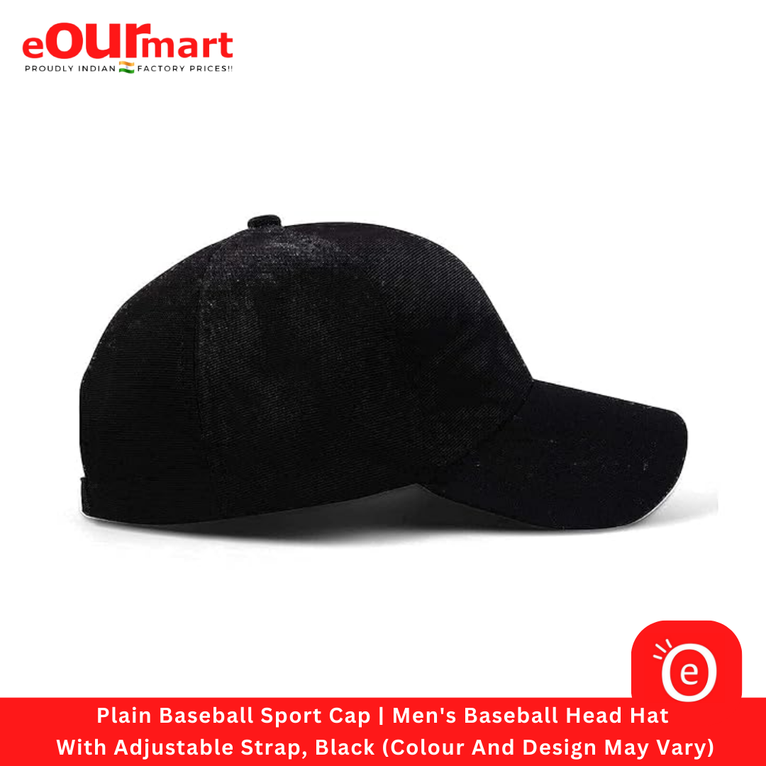 Plain Baseball Sport Cap | Men's Baseball Head Hat With Adjustable Strap, Black (Colour And Design May Vary)