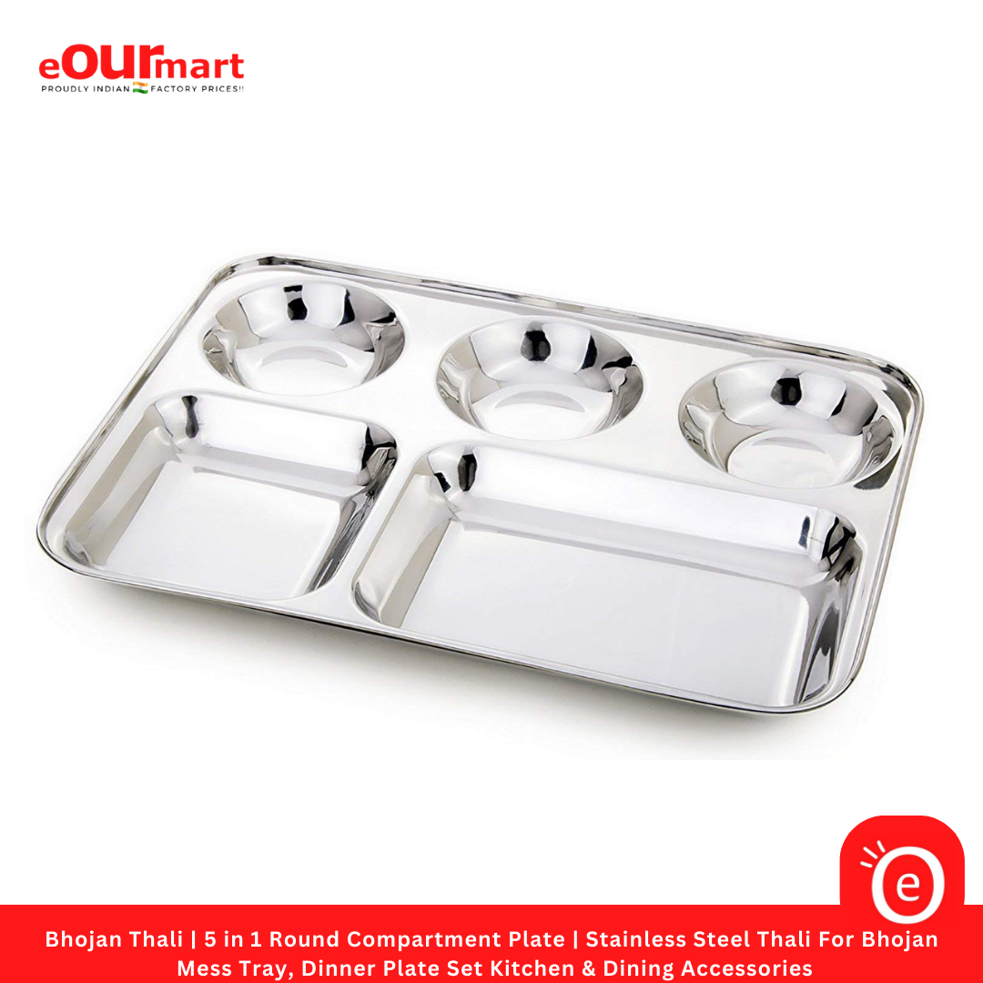 Bhojan Thali | 5 in1 Round Compartment Plate | Stainless Steel Thali For Bhojan | Mess Tray
