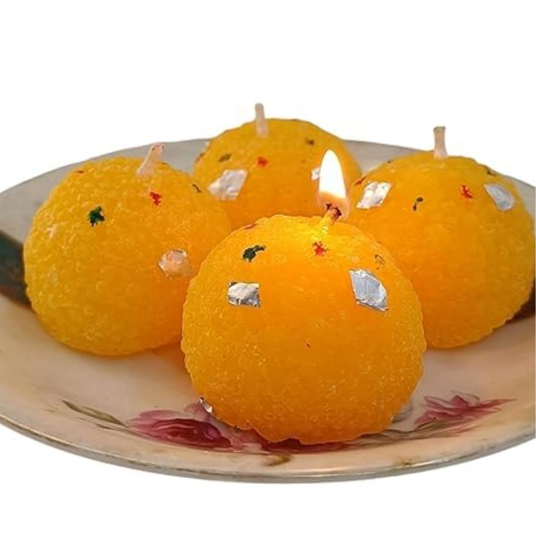 Diwali Motichoor Laddu Candles - Premium Wax Scented, Diwali Gift Pack, Diwali Decoration, Ladoo Candle Size 10X10X4 CM, Set Of 4 Pcs in Box