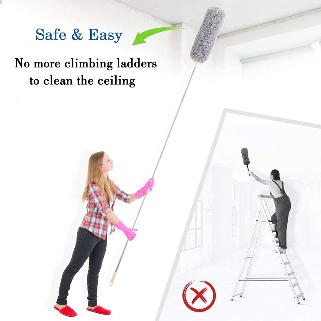 Fan Cleaning Mop Microfiber Duster with Extension Pole(Stainless Steel), Extra Long 100 inches, with Bendable Head, Extendable Duster for Cleaning High Ceiling Fan, Interior Roof