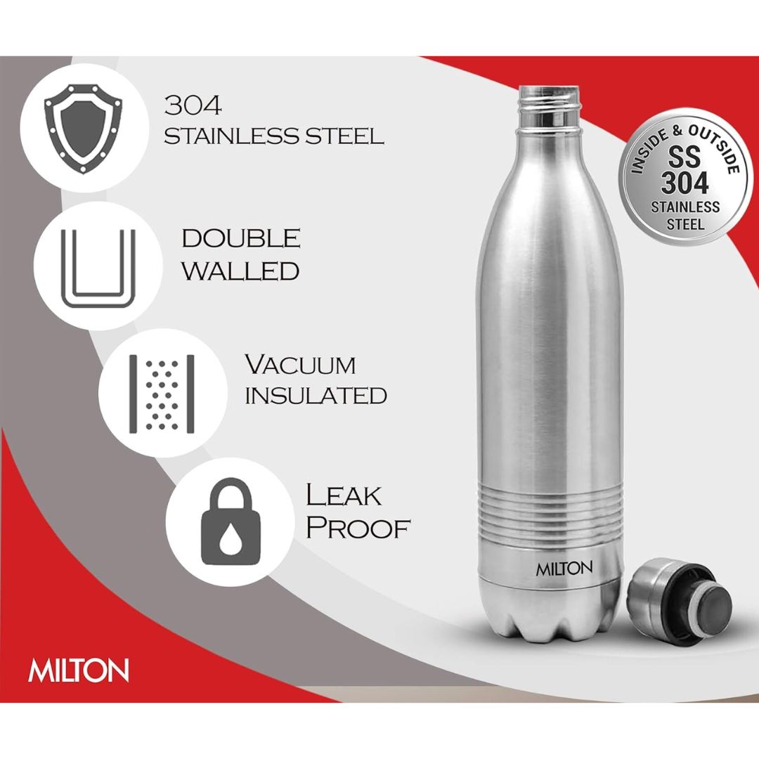 Milton Water Bottle Duo DLX 1000 Thermosteel 24 Hours Hot and Cold Water Bottle, Litre, Silver