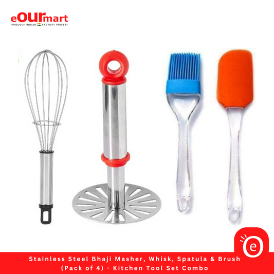 Stainless Steel Bhaji Masher, Whisk, Spatula & Brush