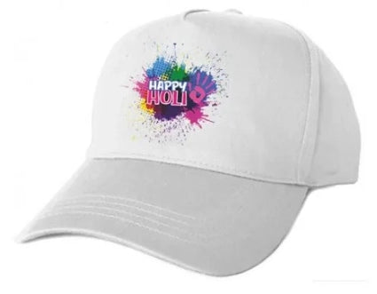 Happy Holi White Caps | Mix Design Printed White Cap For Holi Festival | Holi Caps Special Item For Holi (Colour & Design May Vary)