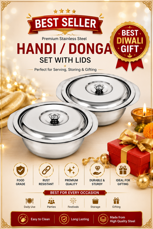 Buy Stainless Steel 2-Handi/Donga Set With Lid Online | Utility Gift ₹291 | All India Delivery