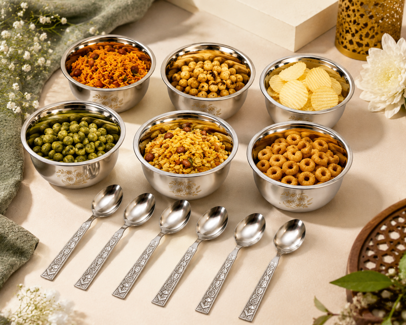 Diwali Gift Box ₹199/- 6 Pcs Steel Bowl & Spoon Set | Lowest Price India