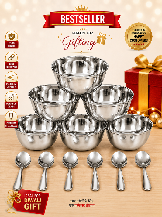 Buy 6 Pcs Stainless Steel Bowl with 6 Spoons Online |Utility Gift  ₹149 |Free All India Delivery