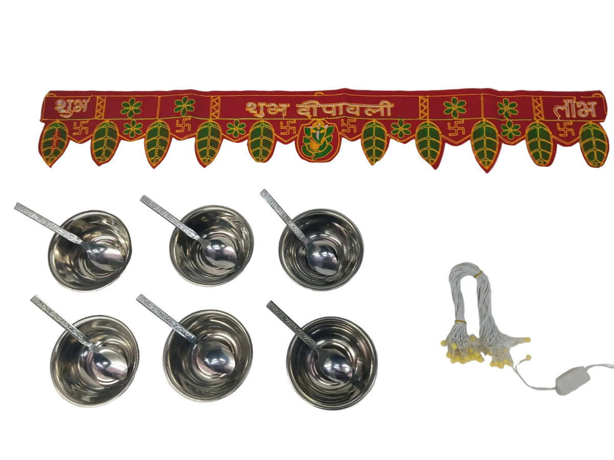 Diwali Combo Gift Toran + Steel Katori + Spoon + Diwali Light
