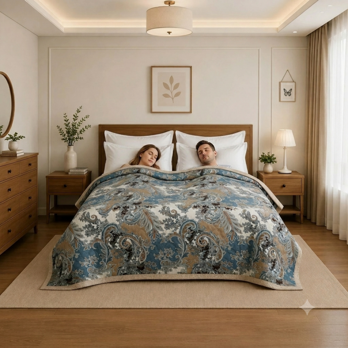 A couple lies under a patterned blue, beige, and gray quilted comforter on a wooden bed in a modern, warm-toned bedroom.