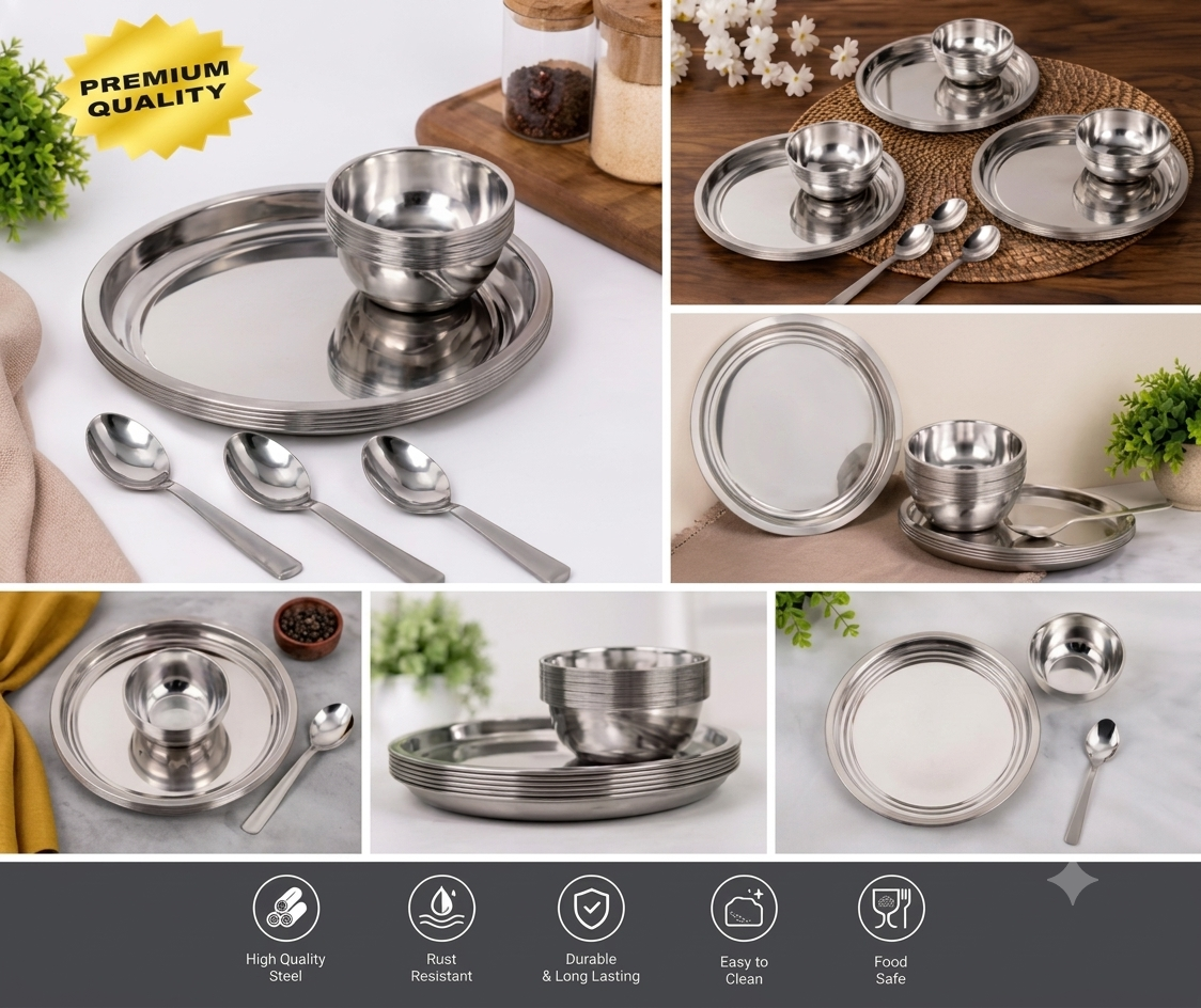 Buy 9 Pcs Stainless Steel Dinner Set Online | Utility Gift  ₹291/- Per Set | All India Delivery