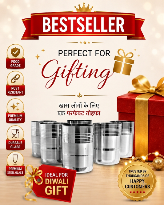 Buy 6 Piece Stainless Steel, Glass Set Online, 200 ml | Utility Gift @ ₹35/- Per Piece | All India Delivery