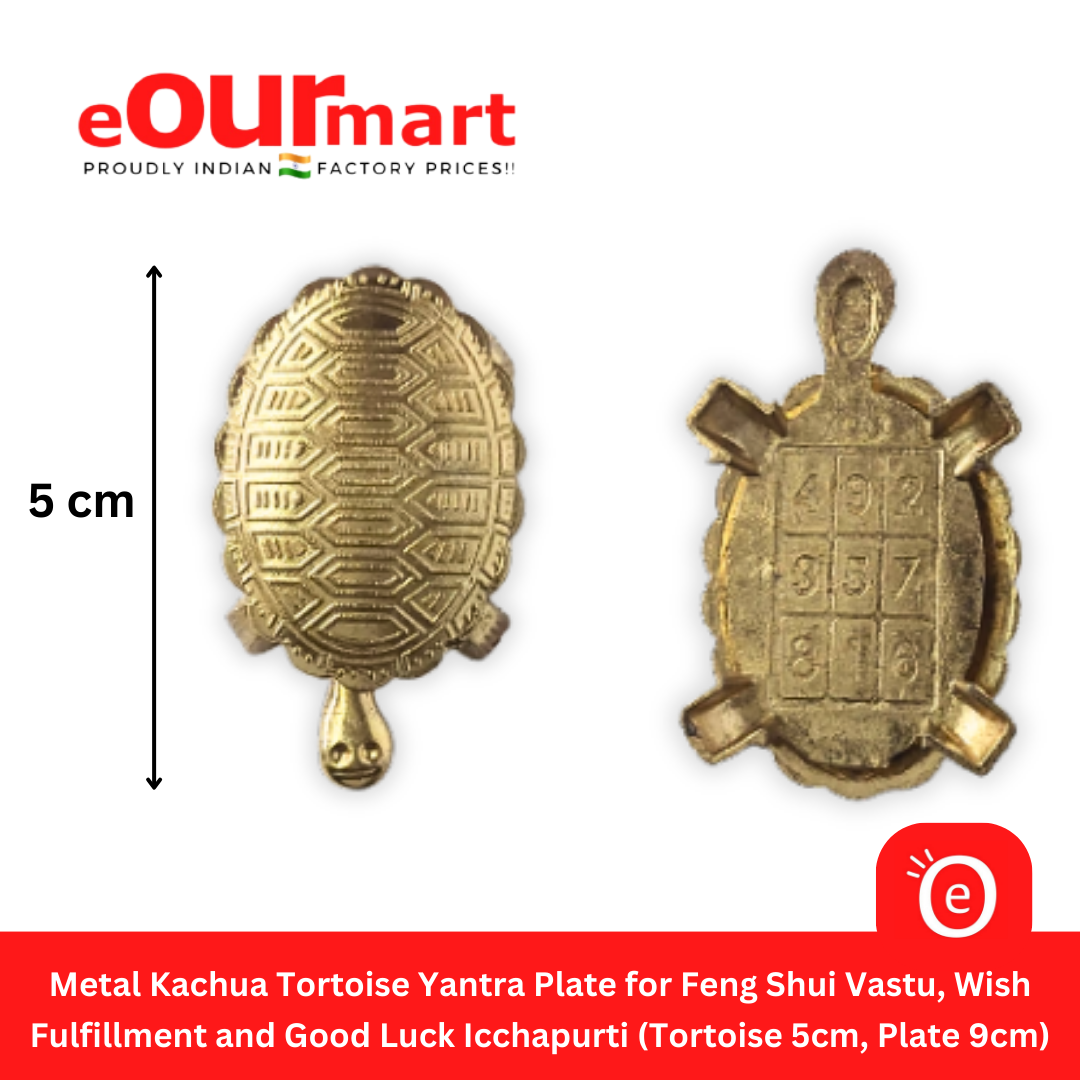 Metal Kachua Tortoise Yantra Plate for Feng Shui Vastu, Wish Fulfillment and Good Luck Icchapurti (Tortoise 5cm, Plate 9cm)