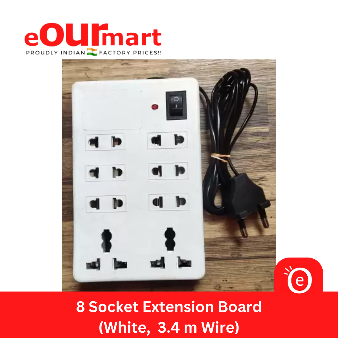Plastic 8 Socket Extension Board 3.4 Mtr Cord with Indicator (White)
