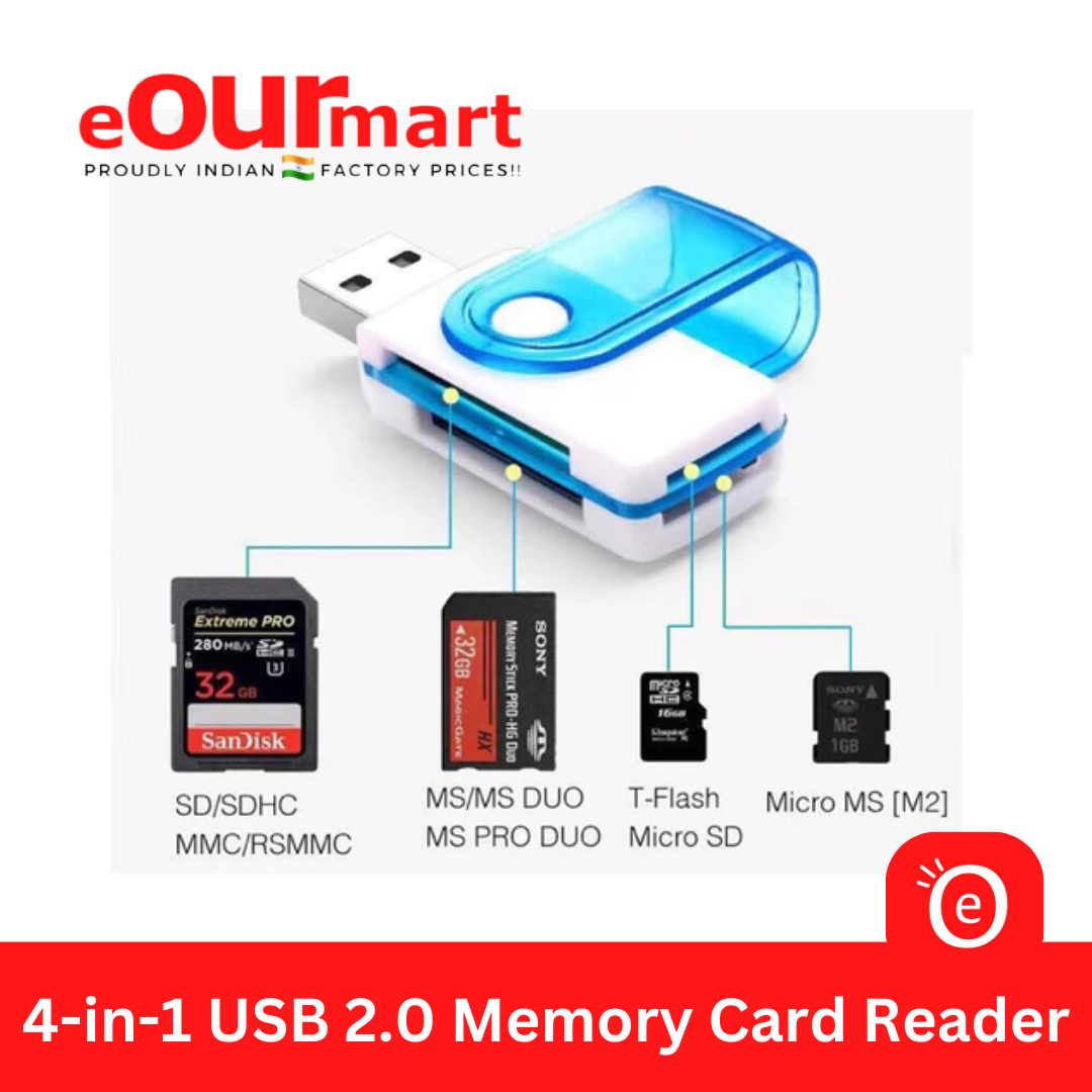 4-in-1 USB 2.0 Memory Card Reader (1 Pcs, Color May Vary)