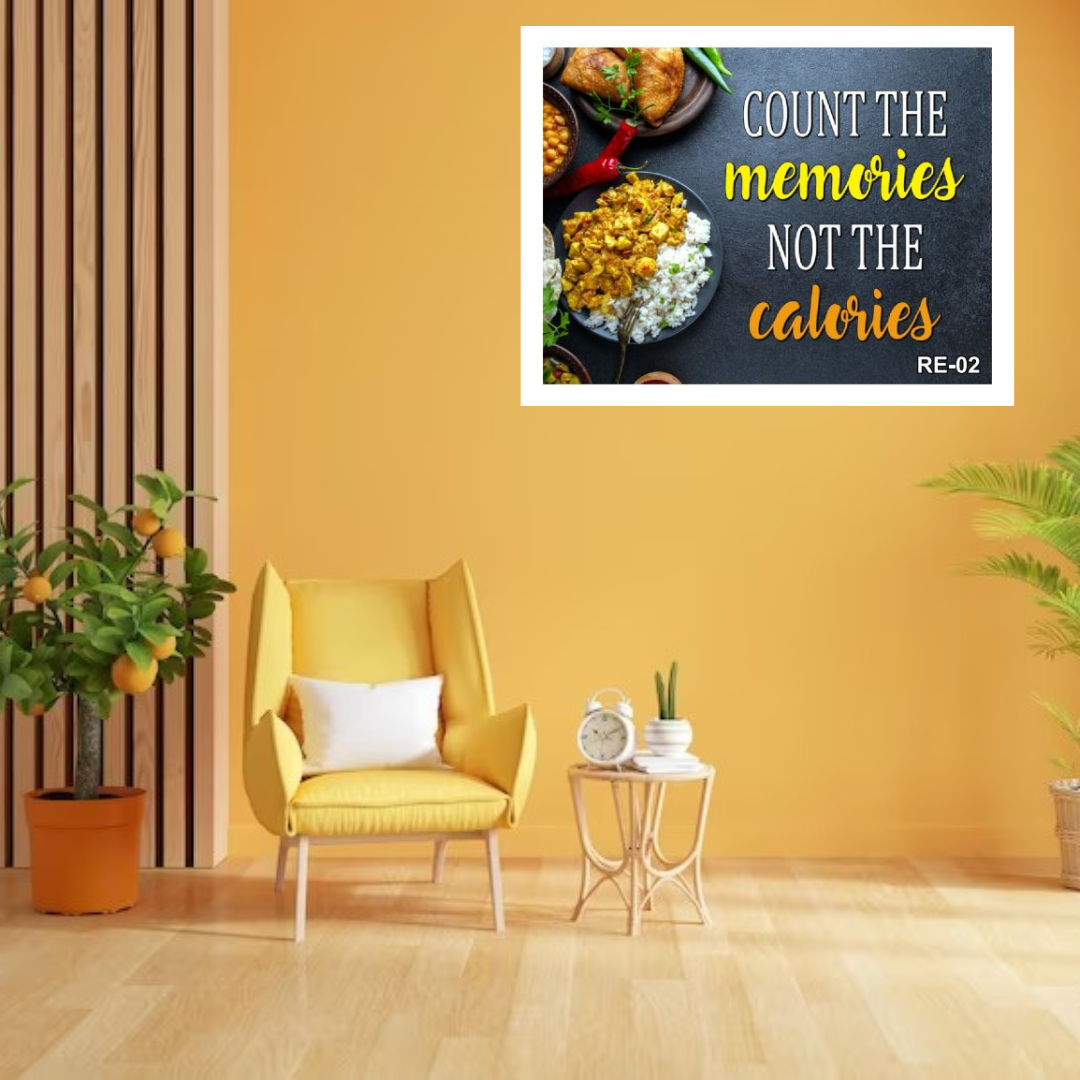 kitchen Wall Posters with White Frame for Food Lover | Quote on Food Count The Memories Not Calories (14X18 Inch)