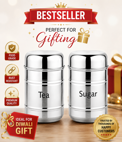 Stainless Steel 2 Pieces Sugar Tea Container Set Best For Diwali Gift, 750 ml