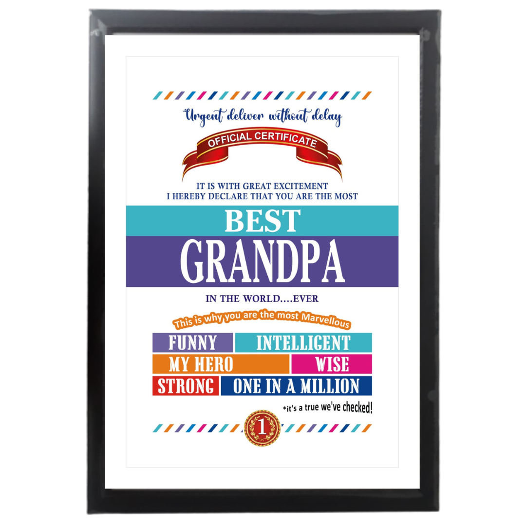 Best Grandpa Certificate Framed Hanging Hook | Laminated Digital Print with Synthetic Wood Frame Gift For GrandFather (13X19 Inch, 1Pcs)