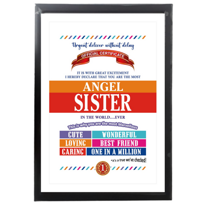 Angel Sister Certificate Framed Hanging Hook | Laminated Digital Print with Synthetic Wood Frame Gift For Sister (13X19 Inch, 1Pcs)