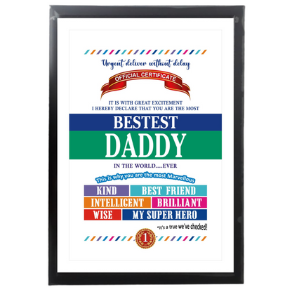 Best Daddy Certificate Framed Hanging Hook | Laminated Digital Print with Synthetic Wood Frame Gift For Father (13X19 Inch, 1Pcs)