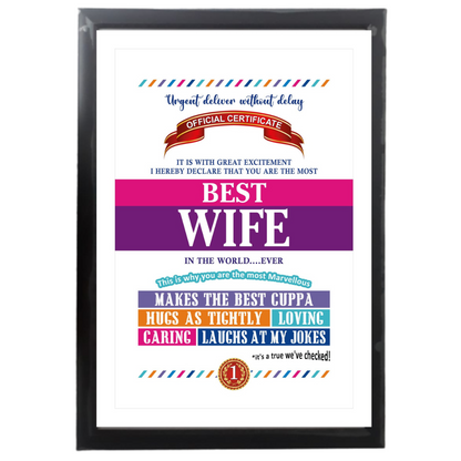 Best Wife Certificate Framed Hanging Hook | Laminated Digital Print with Synthetic Wood Frame Gift For Wife (13X19 Inch, 1Pcs)