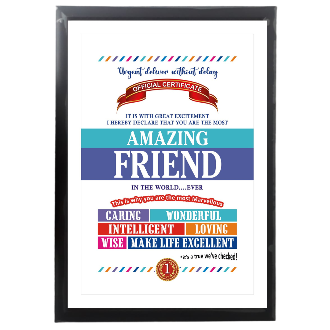 Best Friend Certificate Framed Hanging Hook | Laminated Digital Print with Synthetic Wood Frame Gift For Friend (13X19 Inch, 1Pcs)