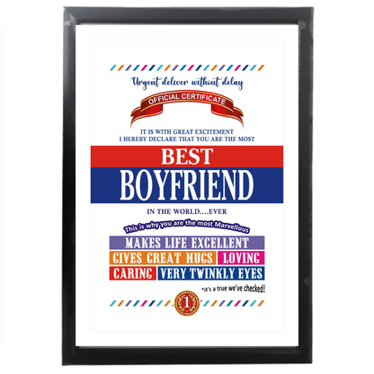 Best Boyfriend Certificate Framed Hanging Hook | Laminated Digital Print with Synthetic Wood Frame Gift For Boyfriend (13X19 Inch, 1Pcs)