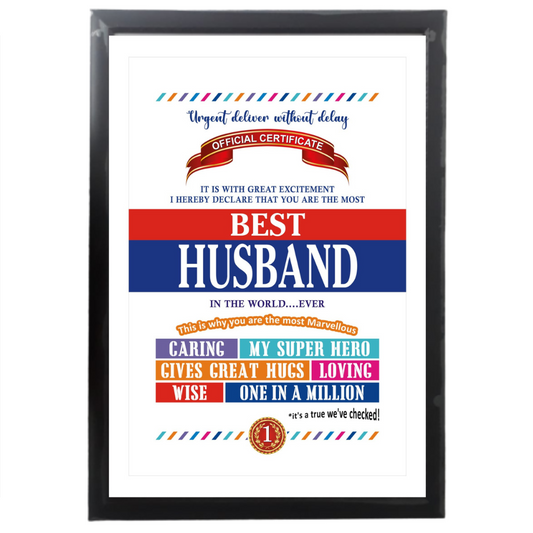 Best Husband Certificate Framed Hanging Hook | Laminated Digital Print with Synthetic Wood Frame Gift For Husband (13X19 Inch, 1Pcs)