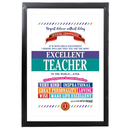 Excellent Teacher Certificate Framed Hanging Hook | Laminated Digital Print with Synthetic Wood Frame Gift For Teacher (13X19 Inch, 1Pcs)
