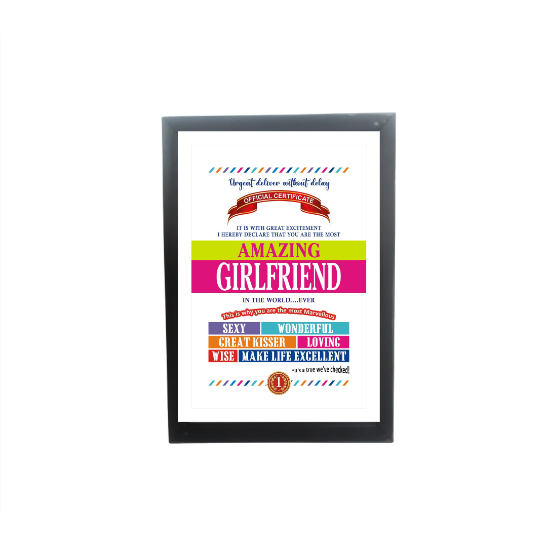 Amazing Girlfriend Certificate Framed Hanging Hook | Laminated Digital Print with Synthetic Wood Frame Gift For Girlfriend (8X12 Inch, 1Pcs)