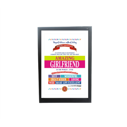 Amazing Girlfriend Certificate Framed Hanging Hook | Laminated Digital Print with Synthetic Wood Frame Gift For Girlfriend (8X12 Inch, 1Pcs)